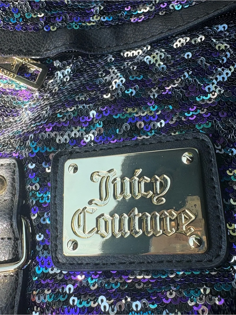 Juicy Couture Black Sequin Backpack with Iridescent Purple Blue Accents